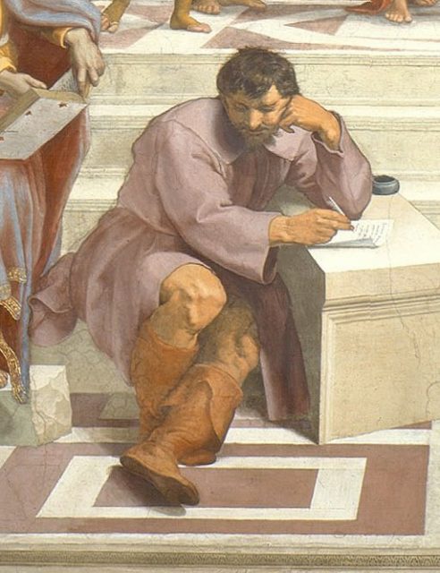 Heraclitus (with the face and in the style of Michelangelo) sits apart from the other philosophers in Raphael’s School of Athens.