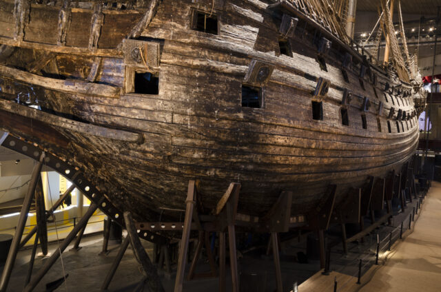 The side of the wooden Vasa warship.