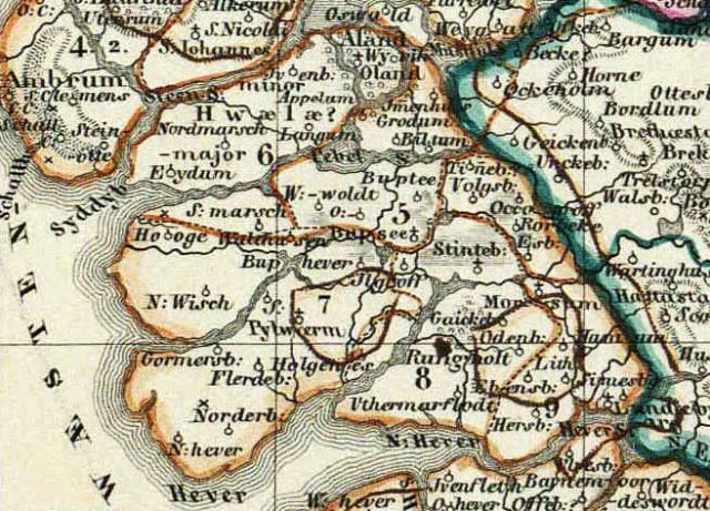 Rungholt and Strand in the Middle Ages, on a map from 1850.