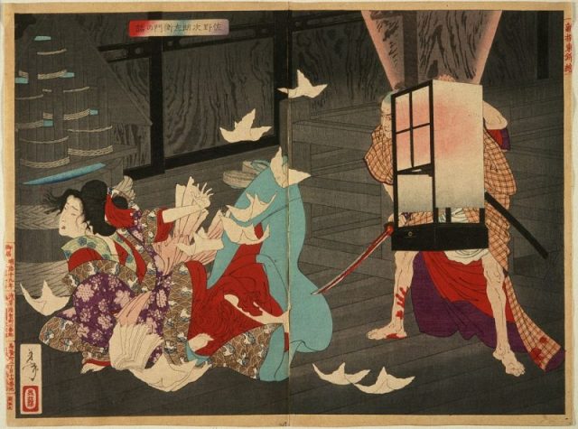 A Tale of Sano Jirōzaemon, Tsukioka Yoshitoshi, 1886. People rumored that Jirōzaemon murdered his lover with a cursed sword. The kabuki drama Kago-tsurube Sato-no-Eizame (1888) claimed that his sword was forged by Muramasa.