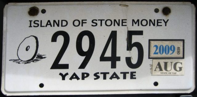 Stone depicted on Yap license plate. Photo by David Weekly CC BY 2.0