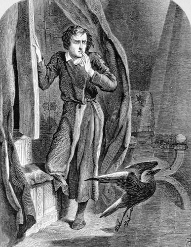 The Raven depicts a mysterious raven’s midnight visit to a mourning narrator, as illustrated by John Tenniel (1858).