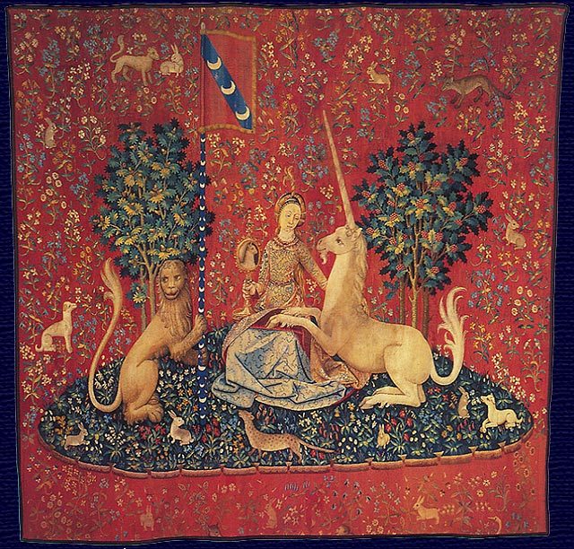 The Lady and the Unicorn (French: La Dame à la licorne) also called the Tapestry Cycle is the title of a series of six Flemish tapestries depicting the senses. They are estimated to have been woven in the late 15th century in the style of mille-fleurs.