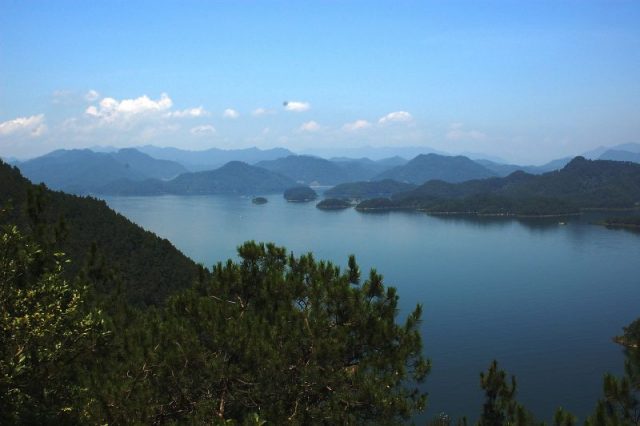 Thousand Island Lake, or Qiandao Lake, taken from atop a bell tower.