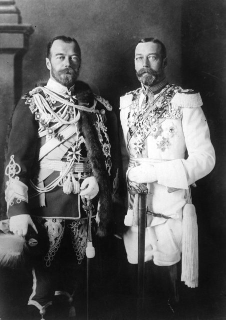 George V (right) and his physically similar cousin Nicholas II of Russia in German uniforms before the war.