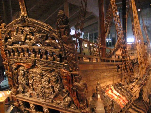 The stern of the wooden warship Vasa.