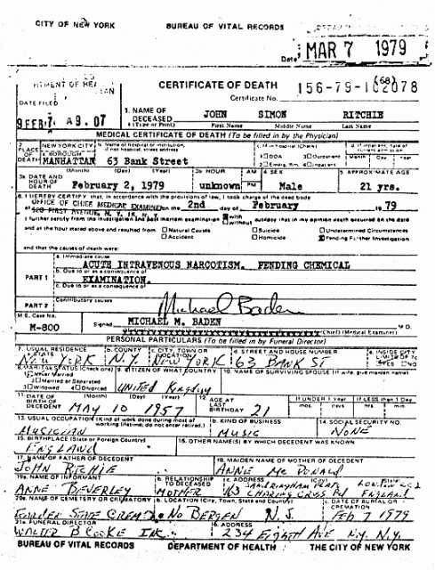 Sid Vicious’ death certificate.
