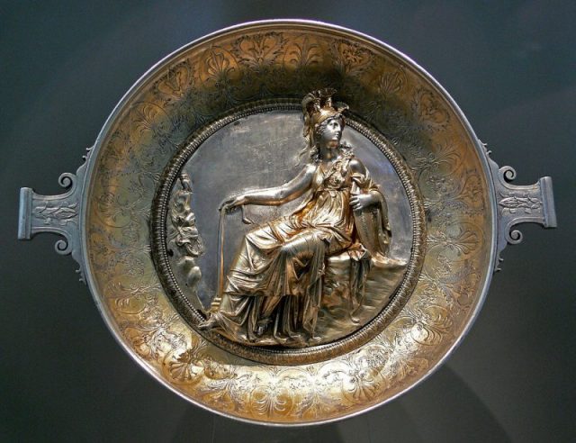 Raised-relief image of Minerva on a Roman gilt silver bowl, first century BC.