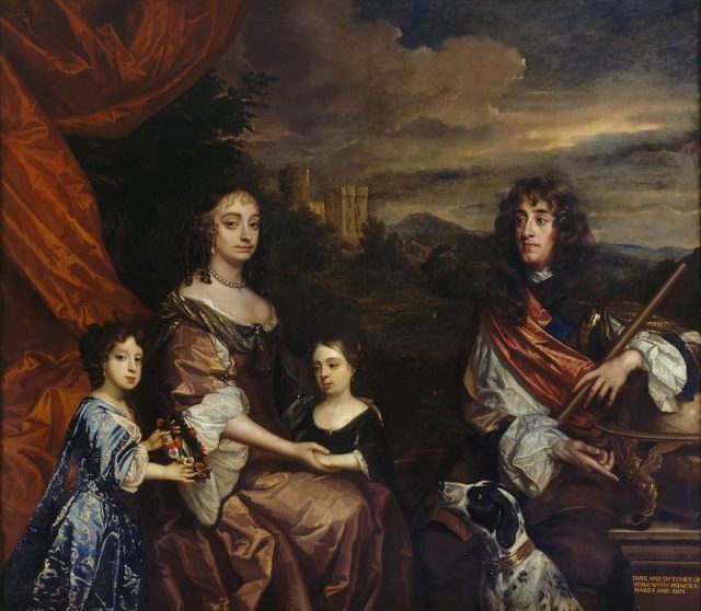 Anne (centre) and her sister Mary (left) with their parents, the Duke and Duchess of York, painted by Peter Lely and Benedetto Gennari II.
