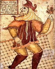Loki with a fishing net (per Reginsmál) as depicted on a 16th century Icelandic manuscript (SÁM 66)