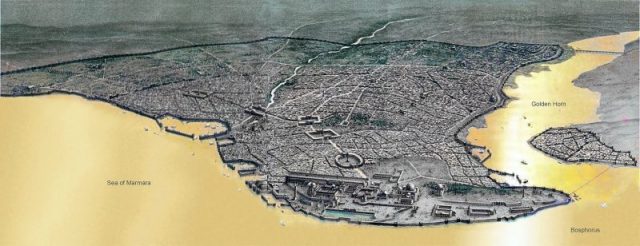 Aerial view of Byzantine Constantinople and the Propontis (Sea of Marmara).