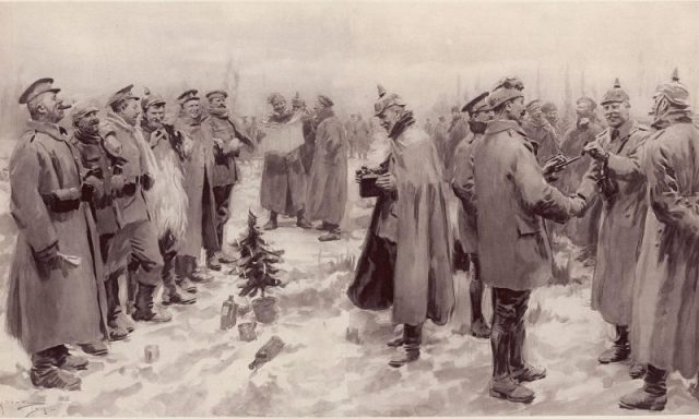 An artist’s impression from The Illustrated London News of January 9, 1915: “British and German Soldiers Arm-in-Arm Exchanging Headgear: A Christmas Truce between Opposing Trenches.”