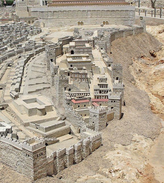 The Biblical City of David in the period of Herod’s Temple, from the Holyland Model of Jerusalem. The southern wall of the Temple Mount appears at top. Photo by Ariely CC BY 3.0
