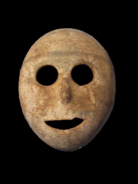 his stone mask from the pre-ceramic neolithic period dates to 7000 BC and is probably the oldest mask in the world (Musée “Bible et Terre Sainte”) Photo by Gryffindor CC BY-SA 3.0