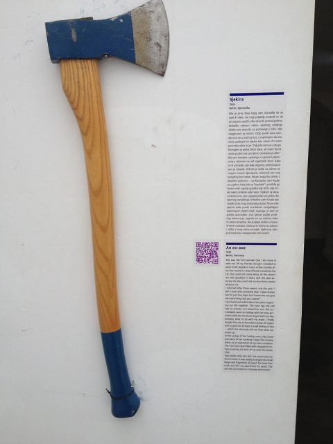 This exhibit, labeled “ex-axe” was donated by a woman from Berlin. She used it to chop her former lover’s furniture in frustration after being left for another woman: “two weeks after she left, she came back for the furniture. It was neatly arranged into small heaps and fragments of wood. She took that trash and left my apartment for good. The axe was promoted to a therapy instrument.” Photo by Robert Nyman CC BY 2.0