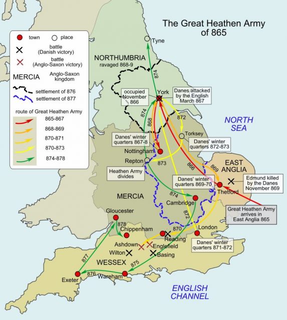 A map of the route taken by the Viking Great Heathen Army which arrived in England from Denmark, Norway, and southern Sweden in 865. Photo by Hel-hama CC BY-SA 3.0