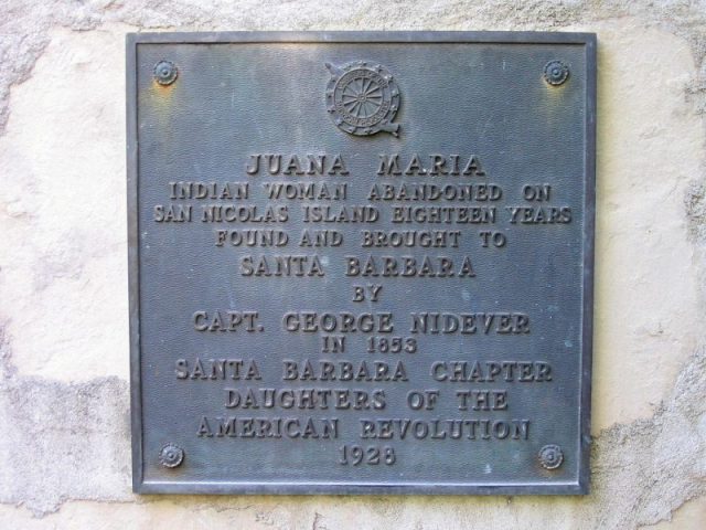 A plaque commemorating Juana Maria at Santa Barbara Mission cemetery, placed there by the Daughters of the American Revolution in 1928. Photo by Neal B. Johnson -CC BY-SA 2.0