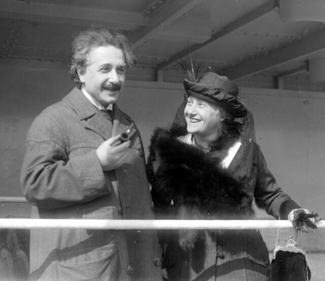 Albert and Elsa Einstein Löwenthal standing on the deck of the SS Rotterdam