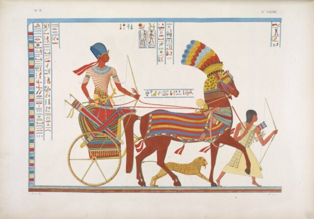 Painting of a cheetah accompanying ancient Egyptians on a hunt