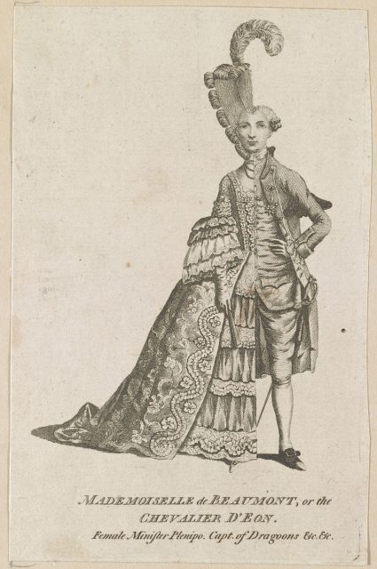 Caricature of d’Éon dressed half in women’s clothes, half in men’s clothes.