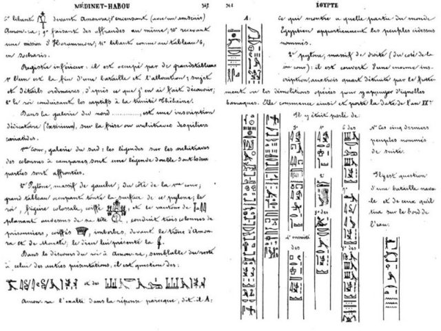 A partial description of the hieroglyphic text at Medinet Habu on the right tower of Second Pylon (left), and an illustration of the prisoners depicted at the base of the Fortified East Gate (right), were first provided by Jean-François Champollion following his 1828–29 travels to Egypt and published posthumously.