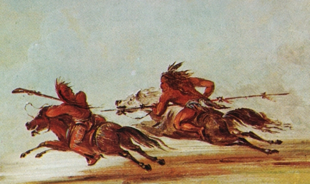 War on the plains: Comanche (right) trying to lance an Osage warrior. Painting by George Catlin, 1834.