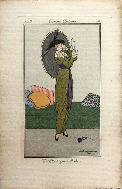 Costumes Parisiens Fashion illustration No.53 from Journal des dames et des modes, 1913 – Toilette d’après Midi, Aris Metzanov