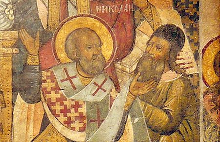 Detail of a late medieval Greek Orthodox icon showing Saint Nicholas slapping Arius at the First Council of Nicaea, a famous incident whose historicity is disputed.