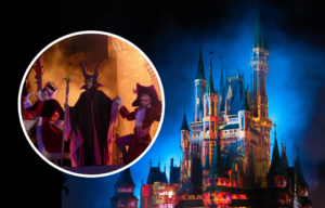 Cinderella Castle at night, a photo of people dress as Disney villains on top.