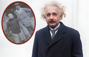 Albert Einstein standing in a suit + Eduard and Hans Albert Einstein standing together