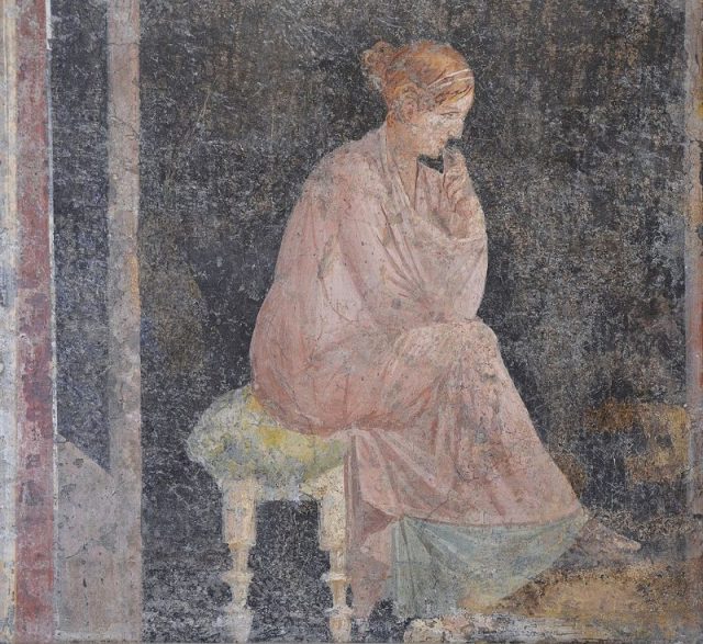 Fresco of a relaxed seated woman from Stabiae, 1st century AD. Photo by Carole Raddato CC BY-SA 2.0