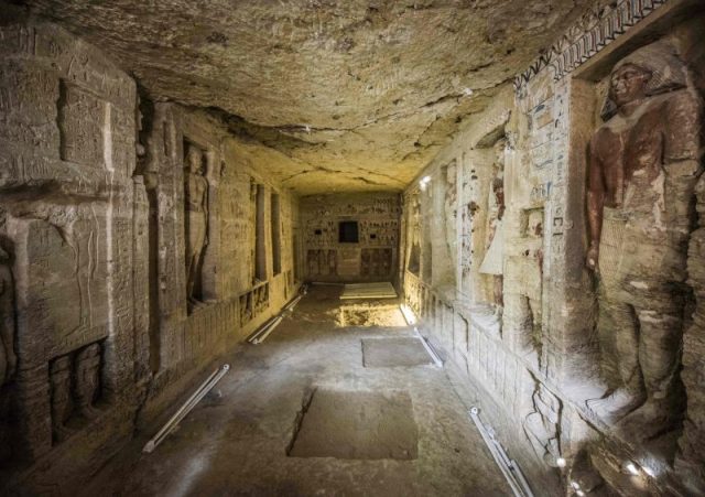 This picture taken on December 15, 2018 shows a general view of a newly-discovered tomb belonging to the high priest ‘Wahtye’ who served during the fifth dynasty reign of King Neferirkare (between 2500-2300 BC), at the Saqqara necropolis, 30 kilometres south of the Egyptian capital Cairo. (Photo by Khaled DESOUKI / AFP/Getty Images)