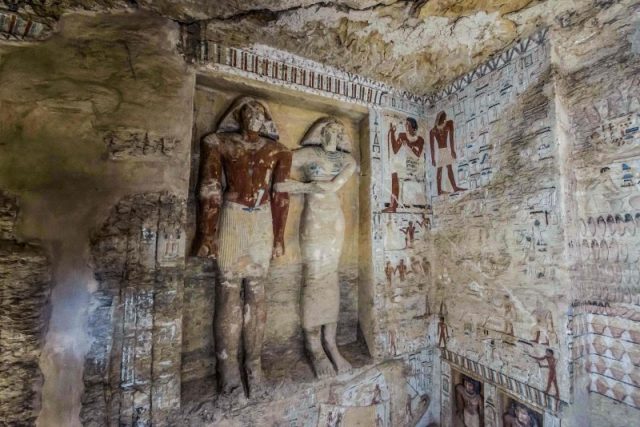 The well-preserved tomb is decorated with scenes showing the royal priest alongside his mother, wife and other members of his family, the ministry said in a statement. Photo by Khaled DESOUKI / AFP/Getty Images