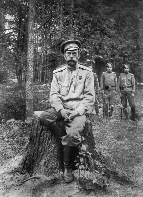 Portrait of Tsar Nicholas II sitting on a tree stump.