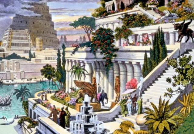 This hand-coloured engraving, probably made in the 19th century after the first excavations in the Assyrian capitals, depicts the fabled Hanging Gardens, with the Tower of Babel in the background.