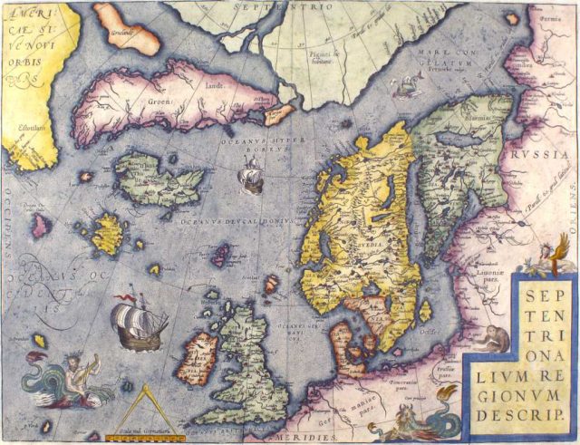 A map of Scandinavia and Britain from the 16th century, showing Iceland in green in the top left.