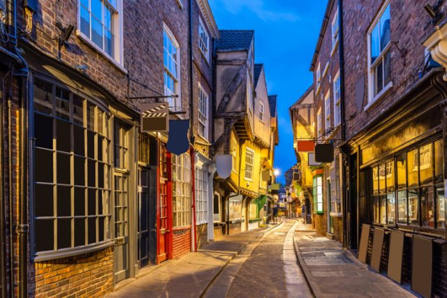 Shambles alley at sunset, York, England.