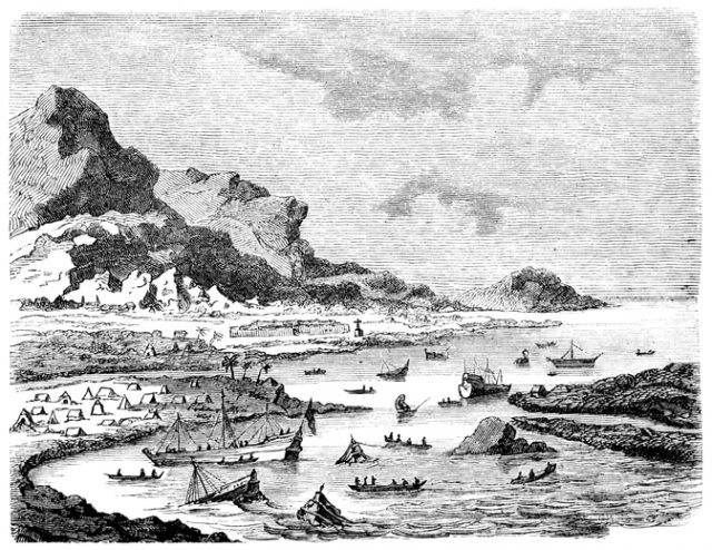 Engraving showing Hernán Cortés scuttling his own fleet off the coast of Veracruz in order to eliminate the possibility of retreat in July 1519.