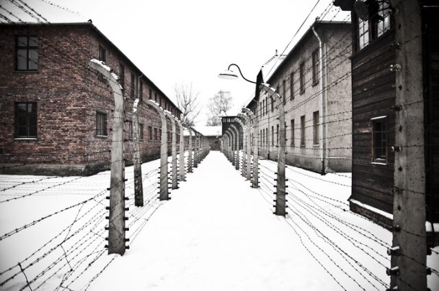 Auschwitz, Poland – January 1, 2011: The Auschwitz concentration camp is located about 50 km from Krakow. The picture shows two rows of electrical barbed wire surrounding the camp on winter day.