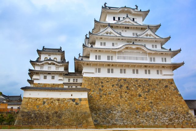 Himeji, Japan – May 16, 2015: Main tower of the Himeji Castle, the white Heron castle, Japan. UNESCO world heritage site after restauration and reopening.