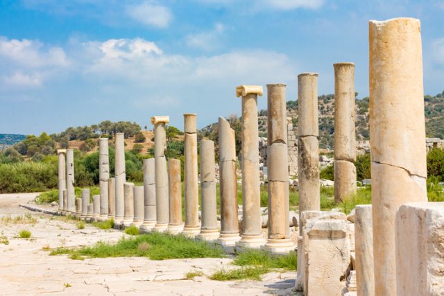 The rows of columns of agora shows the wealth of ancient city Patara, Turkey.