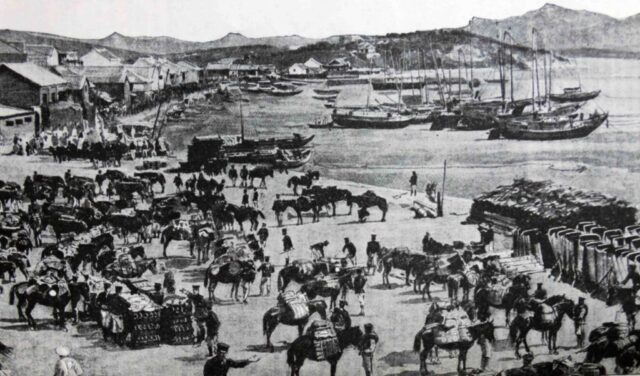 Japanese troops gathering on the shore