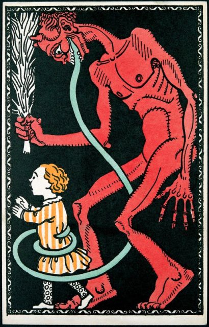 Krampus mit Kind (Krampus with a child) postcard from around 1911.