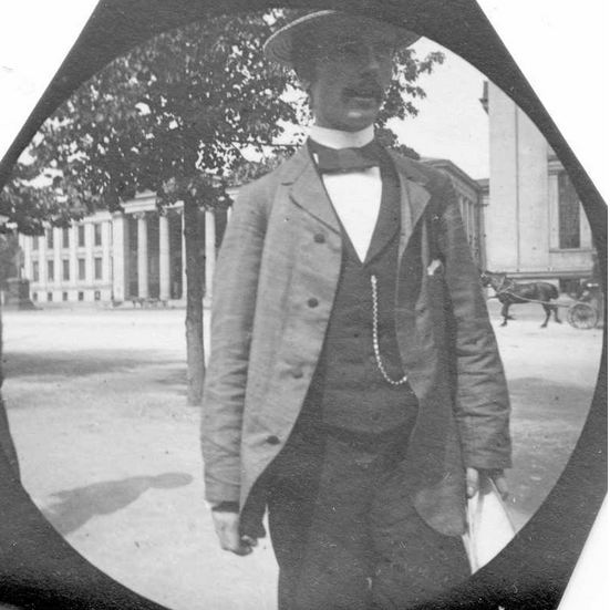 Norwegian professor of botany Haaken Hasberg Gran (1870–1955) pictured outside the University of Oslo buildings around 1893 Photo by Carl Størmer – Oslo Museum CC BY-SA 3.0