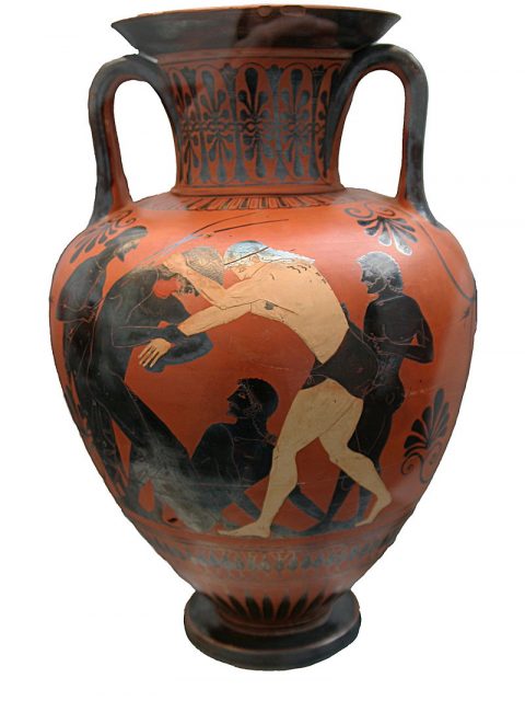 Peleus and Atalanta wrestling (Painter of Munich name vase, Attic black-figure amphora, 500–490 BC). Photo by MatthiasKabel CC BY 2.5