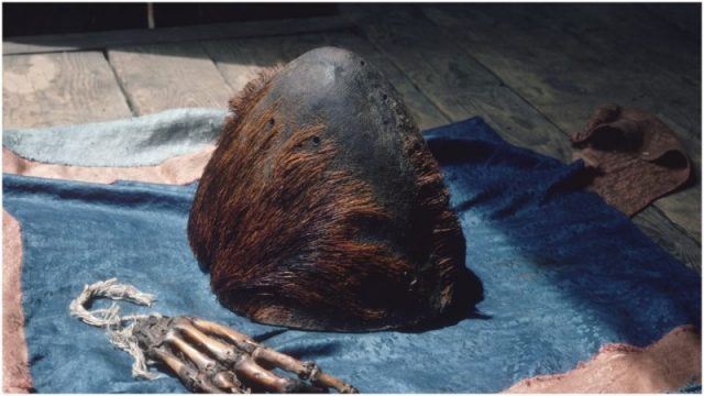 A preserved skull and hand said to be that of a yeti on display at Pangboche monastery, near Mount Everest. (Photo by Ernst Haas/Ernst Haas/Getty Images)