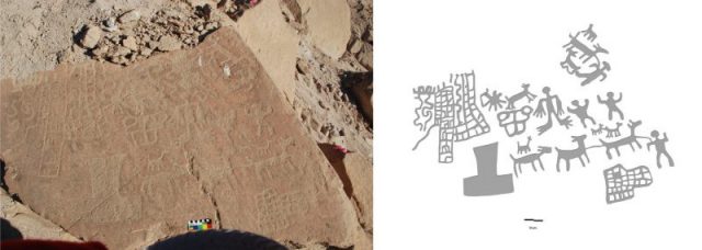 A side-by-side comparison of a slab of rock art at the Cruces de Molinos site and a recreation of the objects depicted. Photo by Daniela Valenzuela