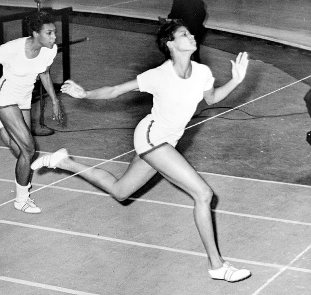 Rudolph at the finish line during 50-yard dash at track meet in Madison Square Garden, 1961.