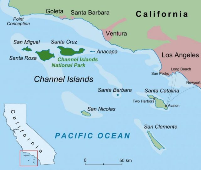 San Nicolas is the most remote of the Southern Channel Islands (shown in light green). Semi-arid and largely barren, it is located 60 miles (97 km) from the mainland coast. Photo by Lencer CC BY SA 3.0