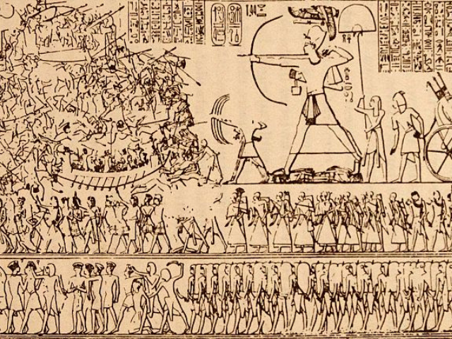Illustration of Ramesses III and his forces defeating the Sea Peoples in battle